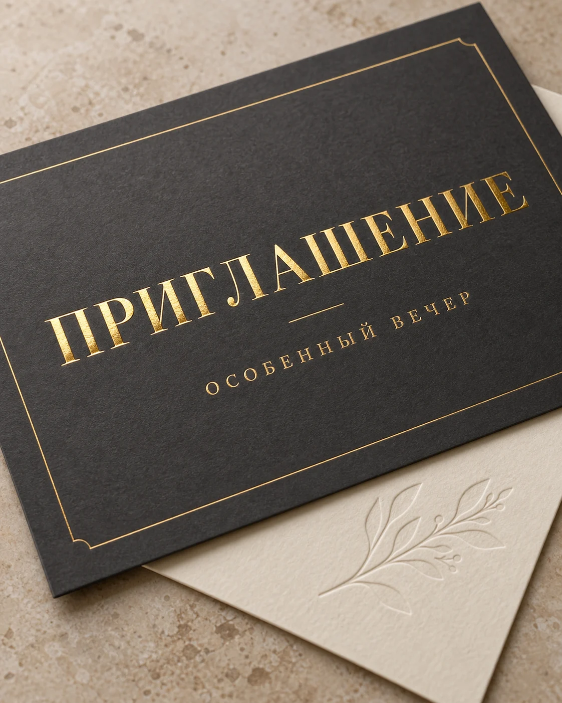 Тиснение и фольгирование — образец смежной услуги, кадр 4; Золотая надпись на тёмном приглашении и рельефный узор на, ПЕЧАТЬ32, заказ с получением в Твери, «Приглашения»