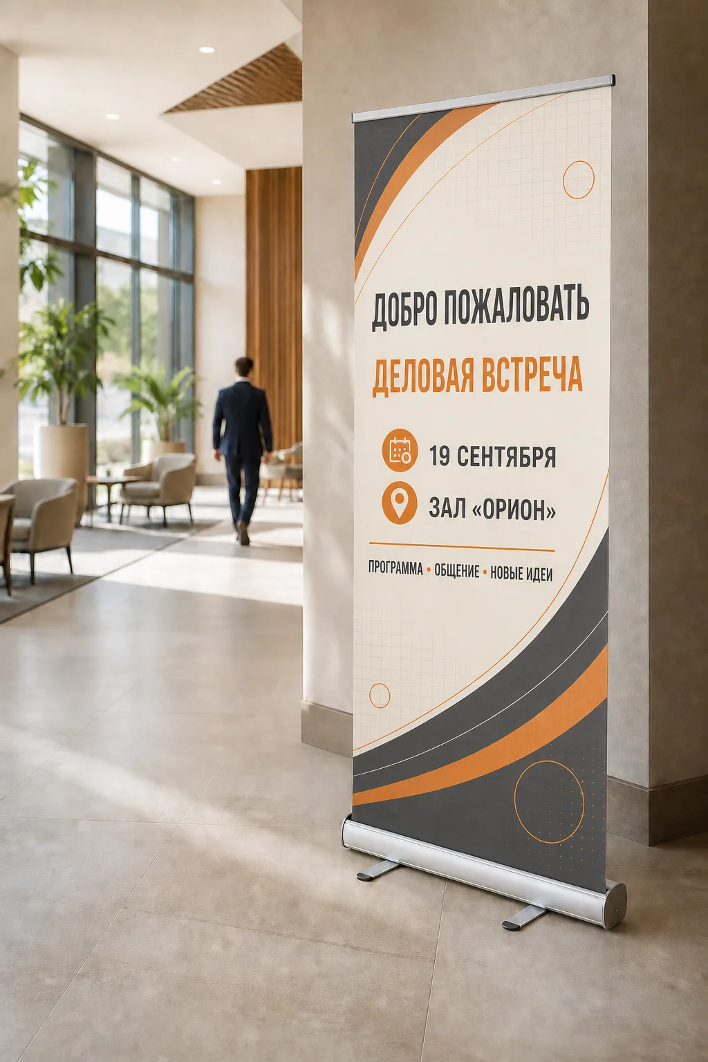Roll-up стенды — образец смежной услуги, кадр 1; Roll-up с насыщенным русским макетом в лобби делового центра, ПЕЧАТЬ32, заказ с получением в Твери, «Штендеры»