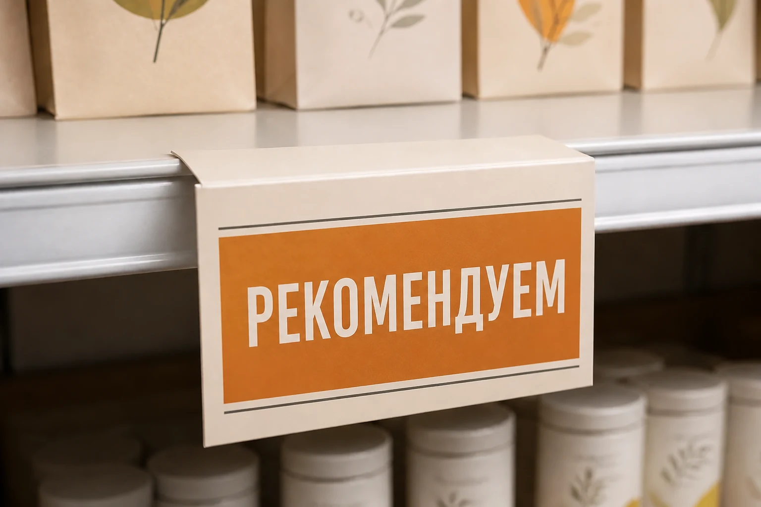 Шелфтокер «Рекомендуем» на краю торговой полки и места для замеров
