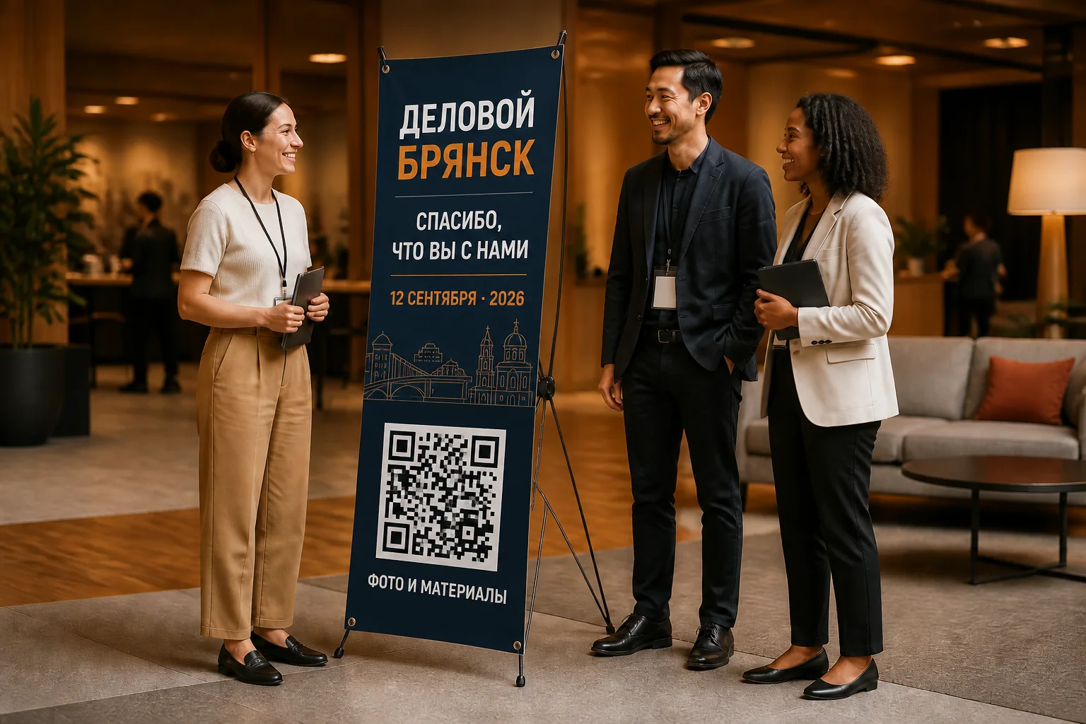 Посетители делового события у стенда паук с датой и ссылкой на материалы