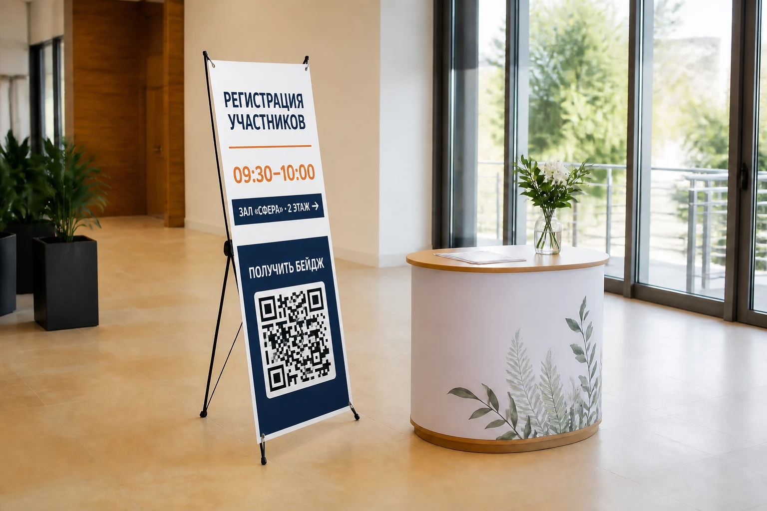 Стенд паук с информацией о регистрации участников и QR-кодом у стойки организаторов