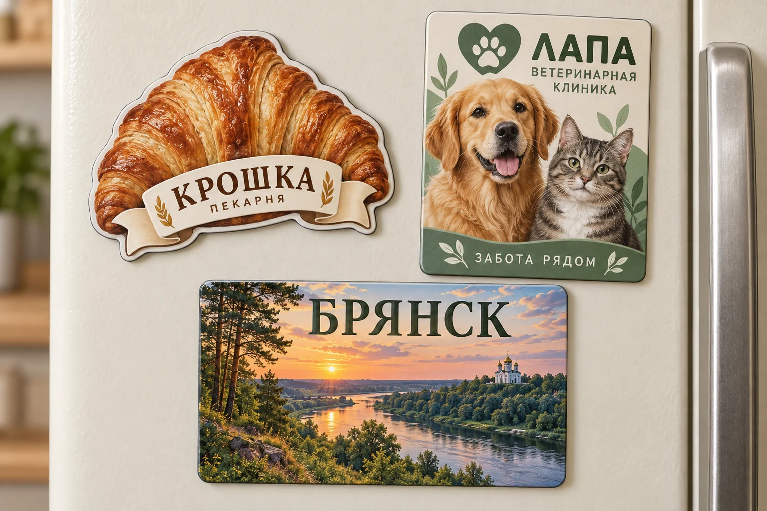 Три разных магнита на холодильнике: пекарня «КРОШКА», ветеринарная клиника «ЛАПА» и сувенир с надписью «БРЯНСК»